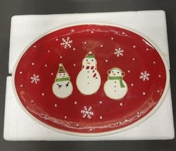 Hallmark Glossy Ceramic Cookie Tray Plate Dish Oval 3 Snowman Snowflakes 15 inch - £12.34 GBP