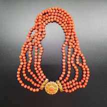 Mediterranean Undyed Coral 5  stranden beads Necklace Yellow Gold Clasp 14K 585 - £2,131.71 GBP