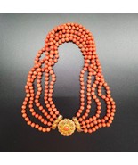 Mediterranean Undyed Coral 5  stranden beads Necklace Yellow Gold Clasp ... - £2,089.83 GBP