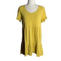 Susina Linen Blend Tiered Mini Dress M Yellow Short Sleeves Ruffle High Low - £22.25 GBP