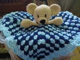 Handmade Crocheted Baby Infant Snuggle Lovey Teddy In Blues Plush 15&quot;×15&quot; - $24.70