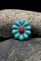 Signed Navajo Sterling Natural Turquoise Purple Spiny Oyster Cluster Ring 7.5 - £219.81 GBP