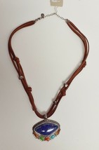 BARSE Necklace Pendant Beads Lapis Multi Stone Silvertone Leather Chain Nwt - £79.08 GBP