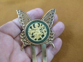 chs54-6) Cupid angel green + ivory cameo Butterfly brass hairpin stick a... - $28.97