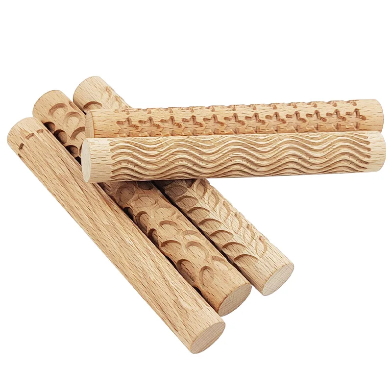 House Home Wooden Texture Rolling Pin Ceramic Pottery Art EmAed Rod Flower Patte - £19.98 GBP