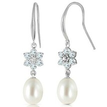14K Solid White Gold Fish Hook Earrings w/ Diamonds, Aquamarines &amp; Pearl - £364.91 GBP