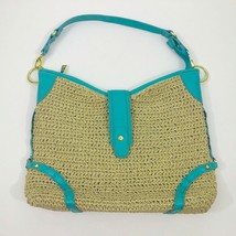 Moda Turquoise Faux Leather Woven Straw Shoulder Bag 14x10x3.5 inches - $14.84
