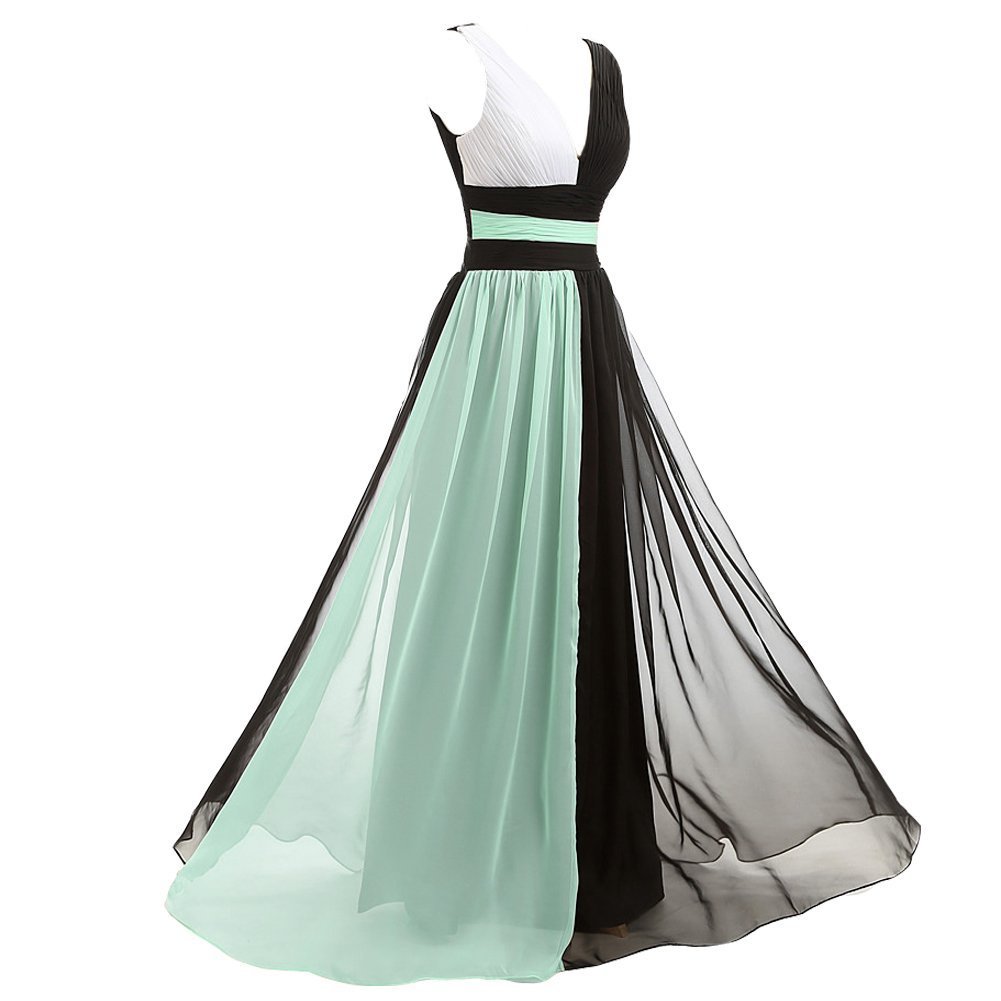 Kivary V Neck Long Black and White Chiffon Pleats Simple Prom Evening Dresses Mi