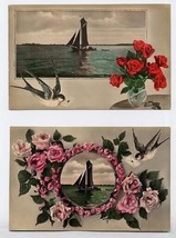 2 Birds Roses &amp; Sail Boats Real Photo Postcards - £9.34 GBP