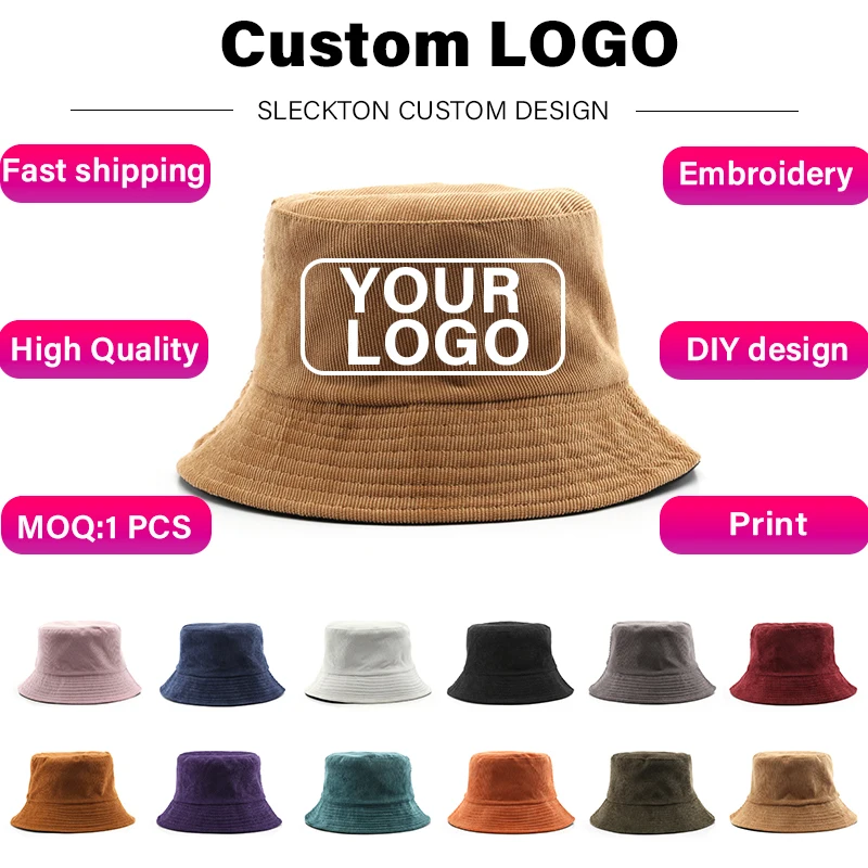 Custom hat logo print corduroy bucket hat for men and women brand design embroidery diy thumb200
