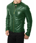 Green Stylish Men&#39;s Leather Jacket Biker Motorcycle Outwear Lambskin Han... - $2,344.69 MXN+