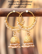 Indian Bollywood Style Enameled Ivory CZ Bali Hoop Jhumka Earrings Jewelry Set - £30.46 GBP