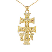 10K Solid Gold Caravaca Double Cross With Angels Crucifix Pendant Necklace - £95.60 GBP+