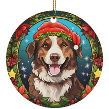 Cute Australian Shepherd Dog Stained Glass Wreath Christmas Ornament Gif... - $14.80