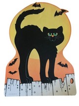 VTG 1981 Hallmark Halloween Cardboard Die Cut Out Black Cat on Fence Moon Bats - $3.28