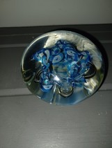 Blown Glass Controlled Bubble Blue Flower Millefiori Paperweight Vintage - $559.19 MXN