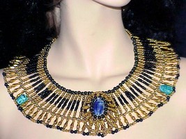 Egyptian Cleopatra Style Scarabs Golden Black Beaded Necklace - $276.61 MXN