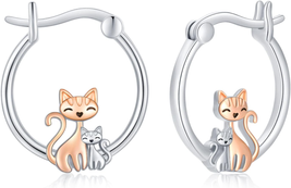 Cat Hoop Earrings Sterling Silver Earrings Cute Animal Ornaments Birthday Christ - £35.33 GBP
