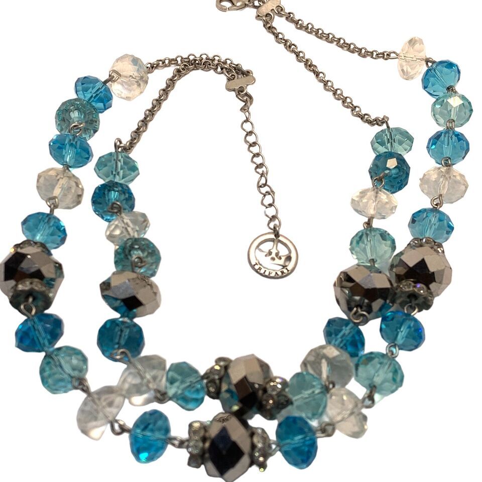 Vtg Crown Trifari Necklace.  Green/Blue Faceted Glass Beads.  Stunning! ... - $30.43