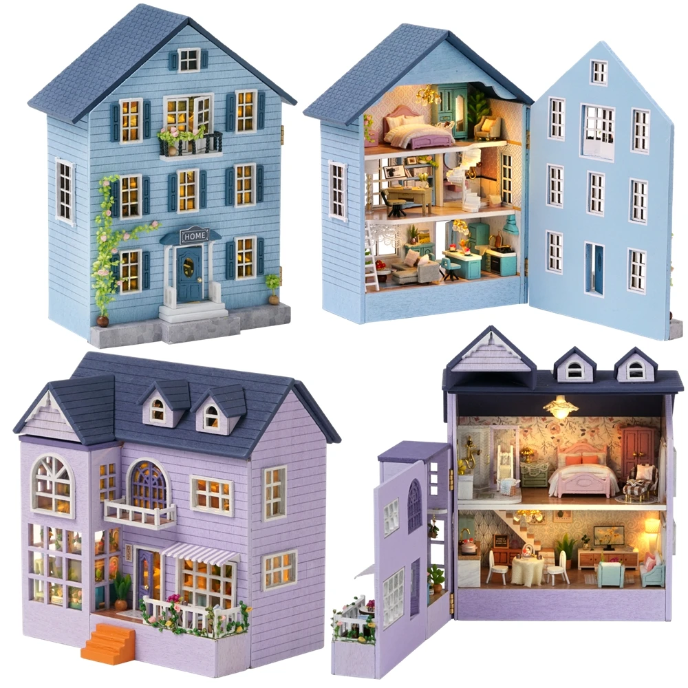 New Diy Wooden Miniature Building Kit Doll Houses With Furniture Light Molan - £28.92 GBP+