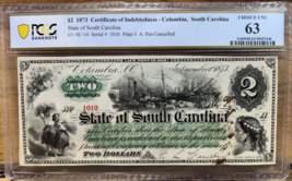 1873 $2 Two Dollar Bill State Of South Carolina Columbia SC Note Choice Unc 63 - $233.74
