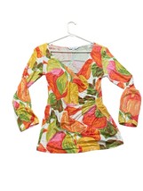 Women Size M CAbi #579 Faux Wrap Tulip Ruched 3/4 Sleeve Top Floral  - £21.57 GBP
