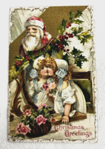 Santa Young Blonde Girl Kissing Mirror Pink Roses Holly Berry Christmas Postcard - £11.61 GBP