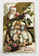 Santa Young Blonde Girl Kissing Mirror Pink Roses Holly Berry Christmas ... - $14.85