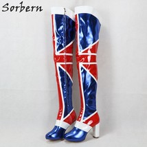 Custom Crotch Thigh High Kinky Boots Block Heels English Flag Round Toe Wide Leg - £309.05 GBP