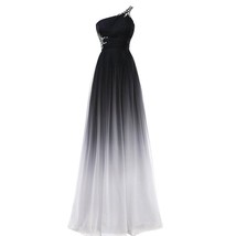 Beaded One Shoulder Black and White Long A Line Gradient Chiffon Formal Prom Eve - £87.57 GBP