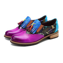 women&#39;s Retro Ethnic style tassels Loafers Shoes Genuine Leather British slip on - £95.92 GBP