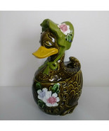 Mother Goose Duck Cookie Jar Green with Bonnet and Flowers Vintage   - $77.35