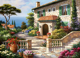 FRAMED CANVAS ART PRINT terrace view italy villa tuscany house flowers garden - £31.64 GBP+