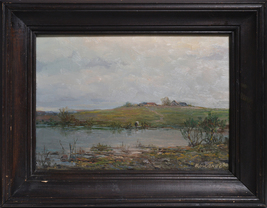 Landscape Village on Hill near Lake 20th century Oil Painting by Russian master - £295.76 GBP