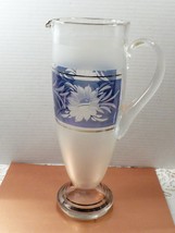 VTG cut crystal glass footed pitcher frosted flowers on blue platinum rim 12&quot; - £73.80 GBP