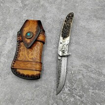 New Handmade Damascus Steel Blade Antlers Handle Folding Hunting Surviva... - $78.21