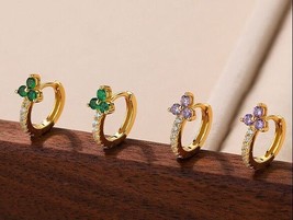 18K Gold Plated Three Leaf Clover CZ Huggie Hoop Earrings Good Luck Women&#39;s Gift - £40.41 GBP