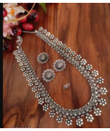 Traditional Bollywood Indian Jewelry Silver Oxidized Earrings Long Necklace Set - £16.91 GBP