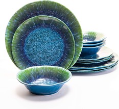 Melamine Dinnerware Set 12 PCS Teal Turquoise Tableware Plates Bowls Blue Green  - £49.98 GBP