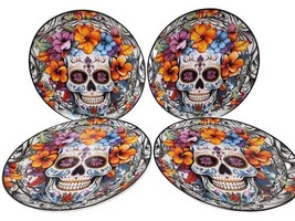 Eaton Fine Dining Day Of The Dead Set 4 Dinner Plates Colorful Sugar Skulls New - $49.99