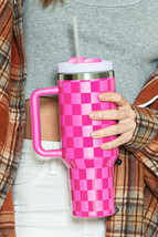 Bright Pink Checkered Print Handled Stainless Steel Tumbler Cup 40oz - $516.66 MXN