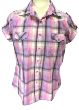 Wrangler Blouse Short Sleeve Pink Purple Plaid Top Pearl Snap Lace Size Medium M - £14.88 GBP