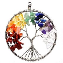 Crystal Quartz 7 Chakras Gemstone Tree Life Pendant Copper Wire Wrapped Pendant - £23.64 GBP