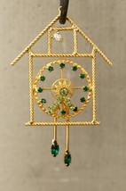 Vintage Costume Jewelry Gold Tone Green Rhinestone Cuckoo Clock Necklace Pendant - £19.73 GBP