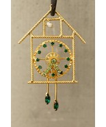 Vintage Costume Jewelry Gold Tone Green Rhinestone Cuckoo Clock Necklace... - £19.42 GBP