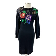 Vintage 80s Womens S Mister Noah Beaded Sequin Sweater Dress Black Floral  - £54.19 GBP