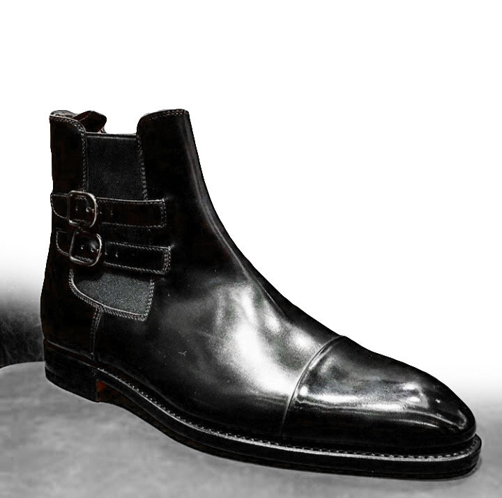 Chelsea Boots Men's Black High Ankle Premium Quality Leather Double Buckle Strap