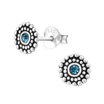 925 Sterling Silver Round Stud Earrings with Montana Crystal - £11.94 GBP