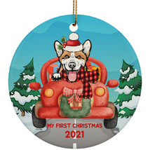 Funny Corgi Dog Ride Car My First Christmas 2021 Pet Lover Circle Ornament - £15.78 GBP