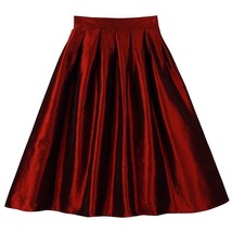 Women Red A-line Pleated Taffeta Skirt Ruffle Plus Size Pleated Skirt Outfit image 10